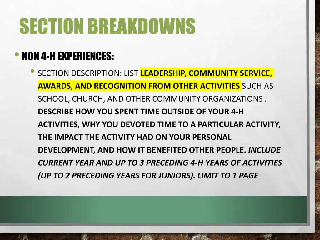 section breakdowns non 4 h experiences section