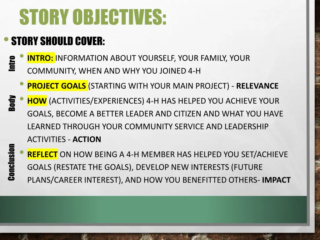 story objectives story should cover intro