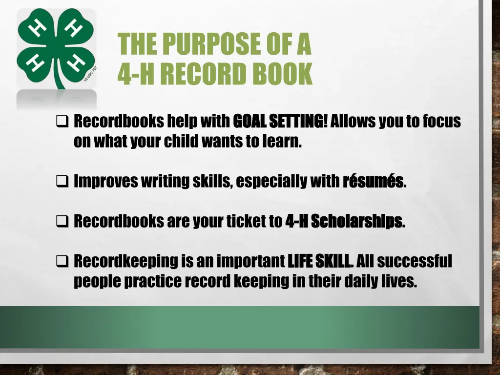 the purpose of a 4 h record book
