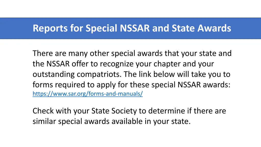 reports for special nssar and state awards