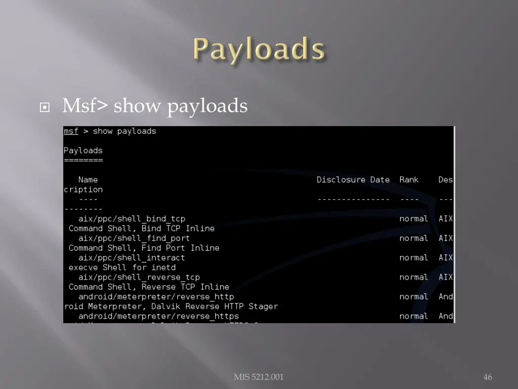 msf show payloads