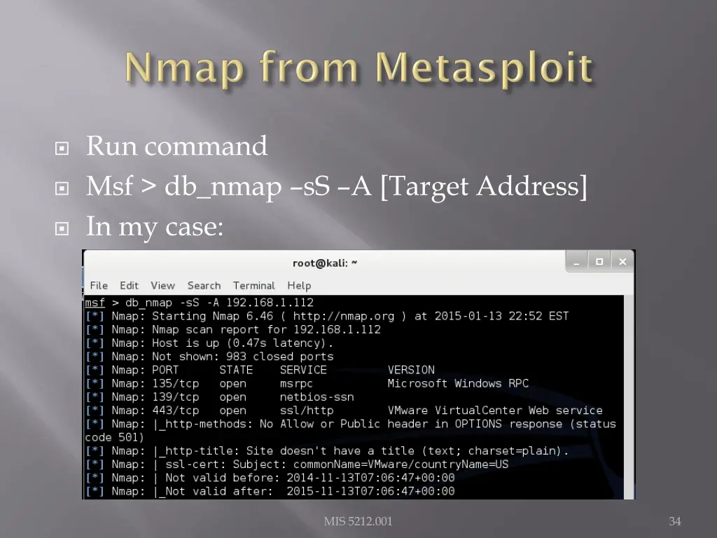 run command msf db nmap ss a target address