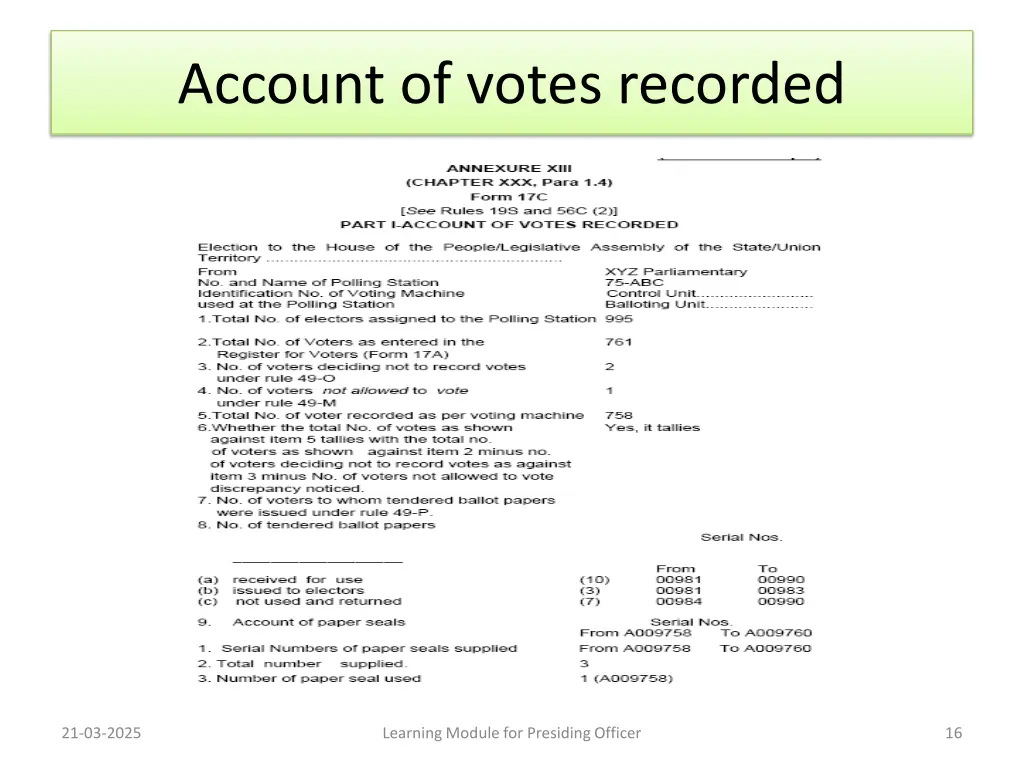 account of votes recorded 1