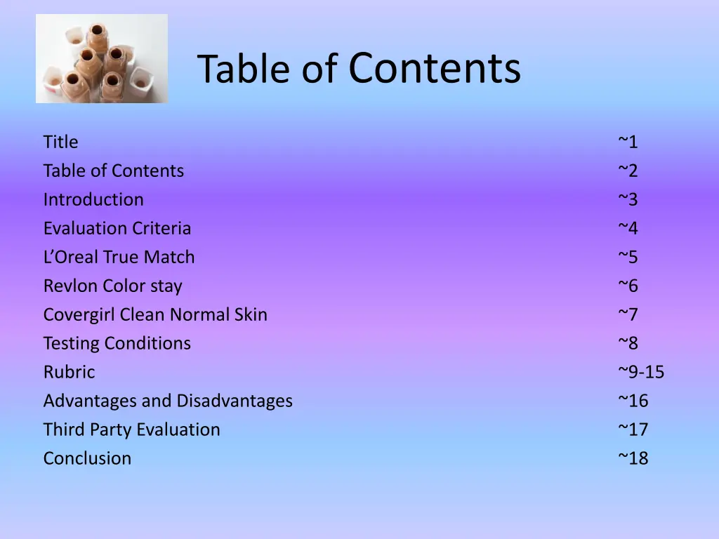 table of contents