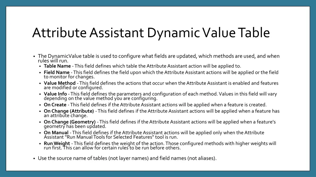 attribute assistant dynamic value table