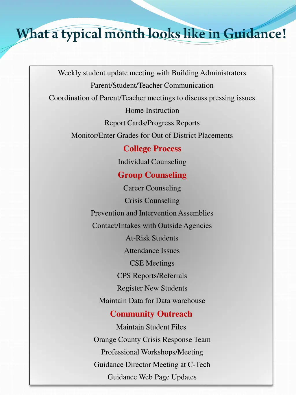 weekly student update meeting with building