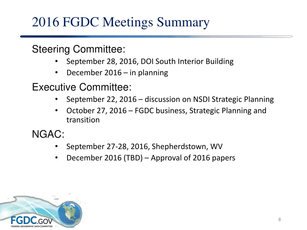 2016 fgdc meetings summary