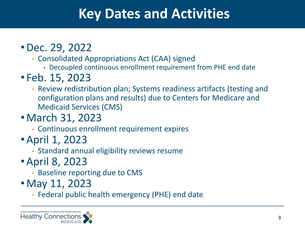key dates and activities