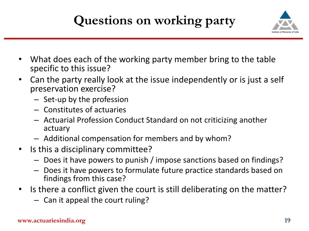 questions on working party