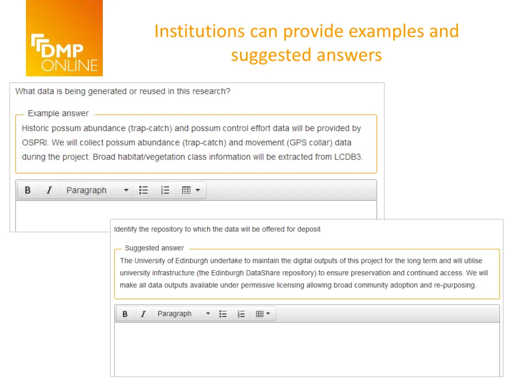 institutions can provide examples and suggested