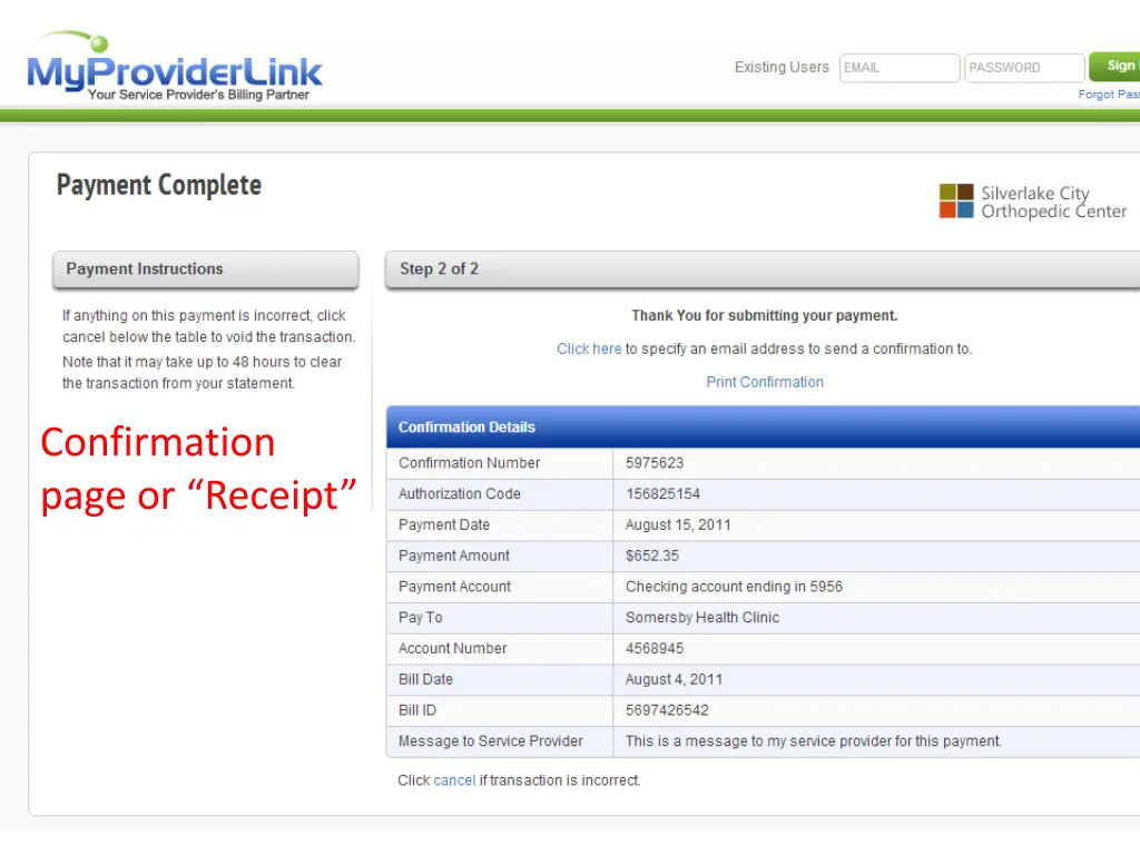 confirmation page or receipt