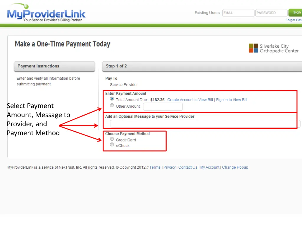 select payment amount message to provider