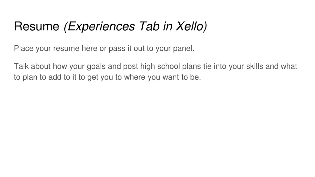 resume experiences tab in xello