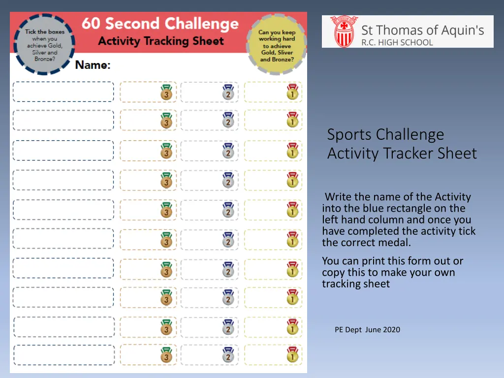 sports challenge activity tracker sheet
