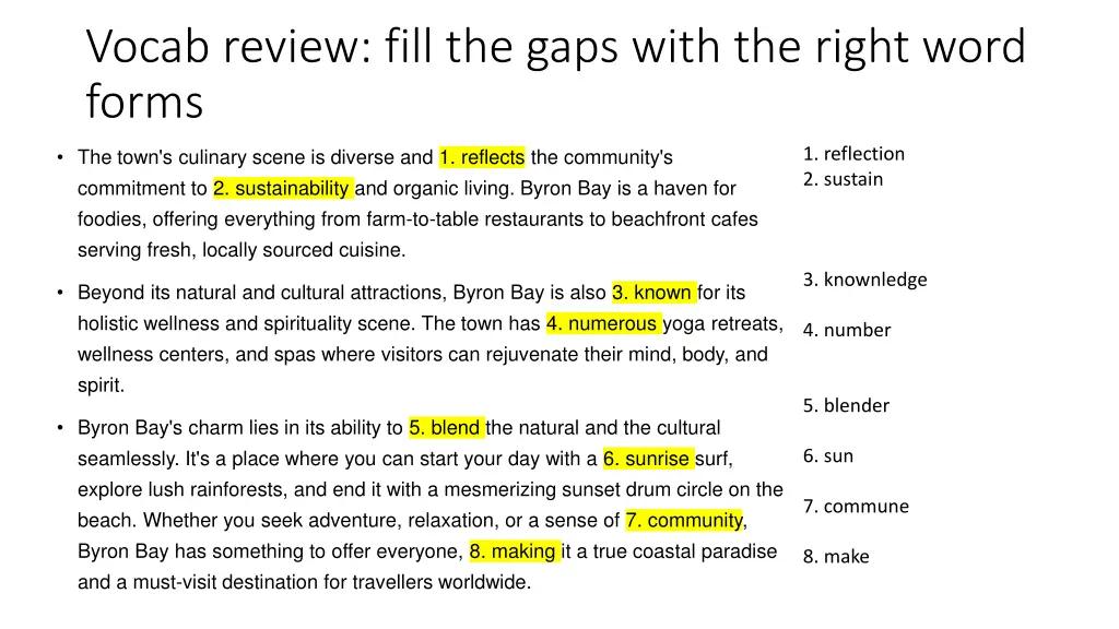 vocab review fill the gaps with the right word 2