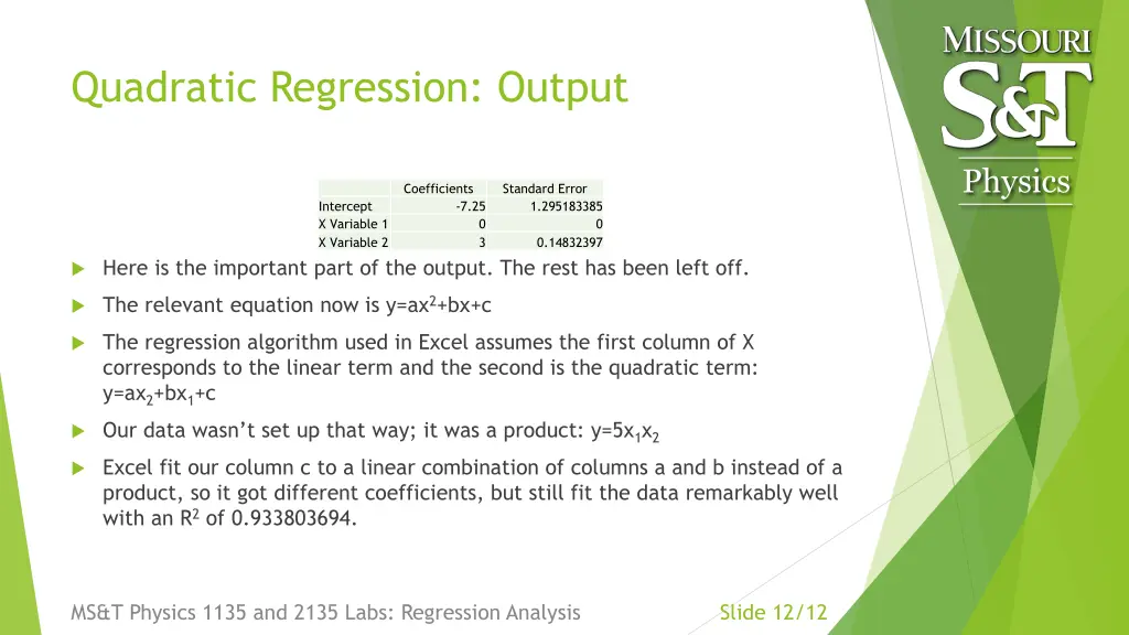 quadratic regression output