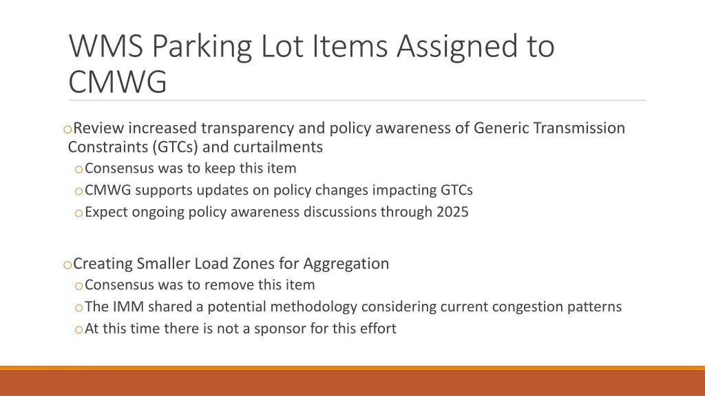 wms parking lot items assigned to cmwg