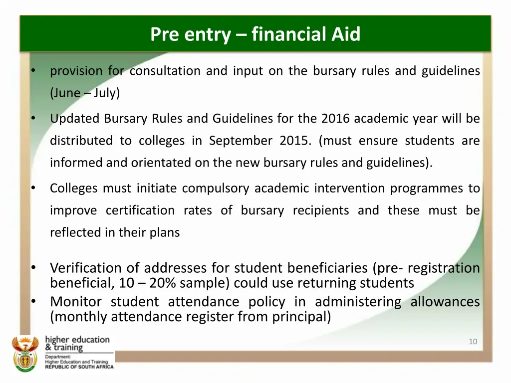 pre entry financial aid