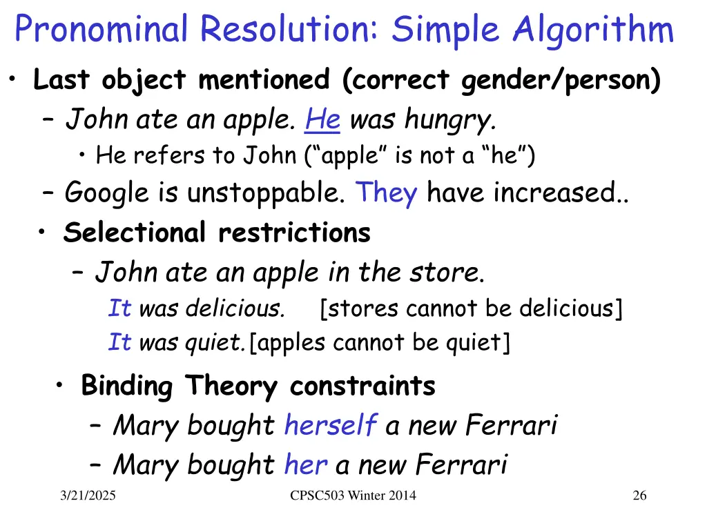 pronominal resolution simple algorithm last