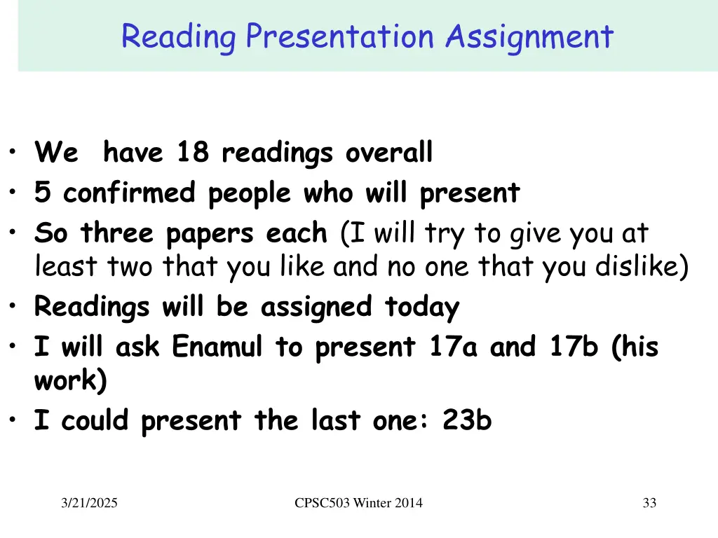 reading presentation assignment