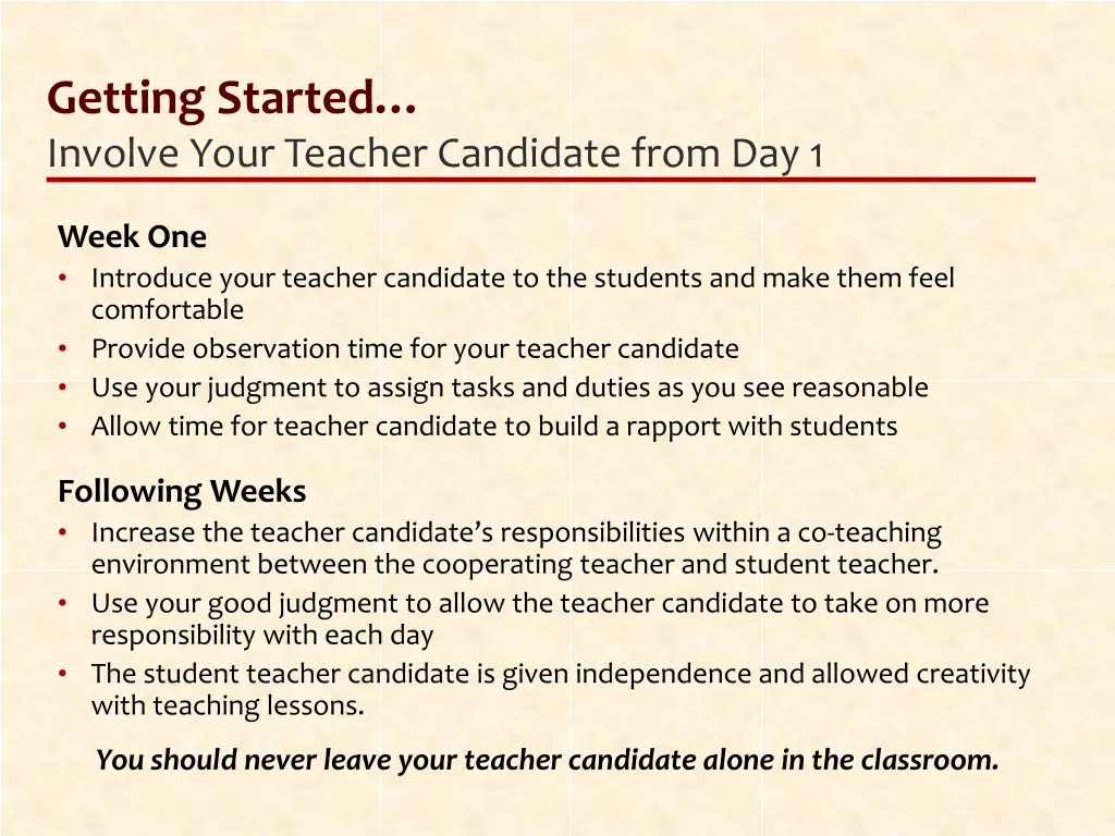 getting started involve your teacher candidate