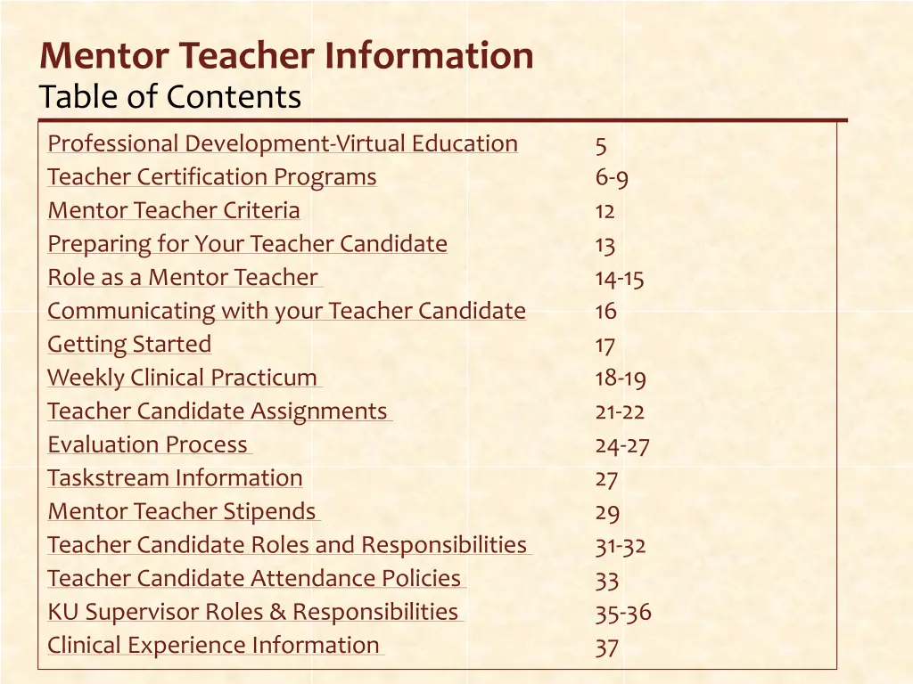 mentor teacher information table of contents