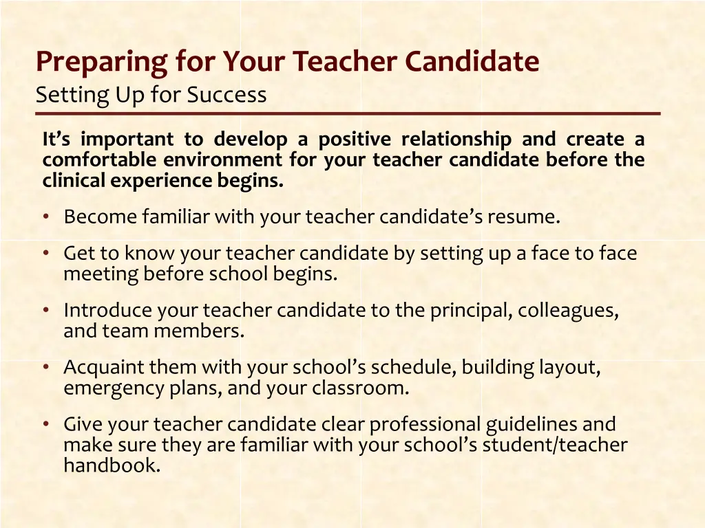 preparing for your teacher candidate setting