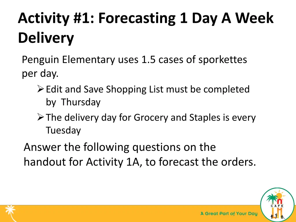 activity 1 forecasting 1 day a week delivery