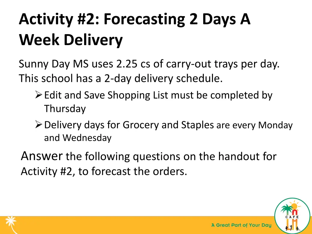 activity 2 forecasting 2 days a week delivery