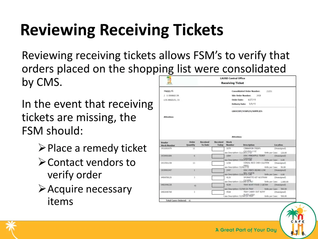 reviewing receiving tickets