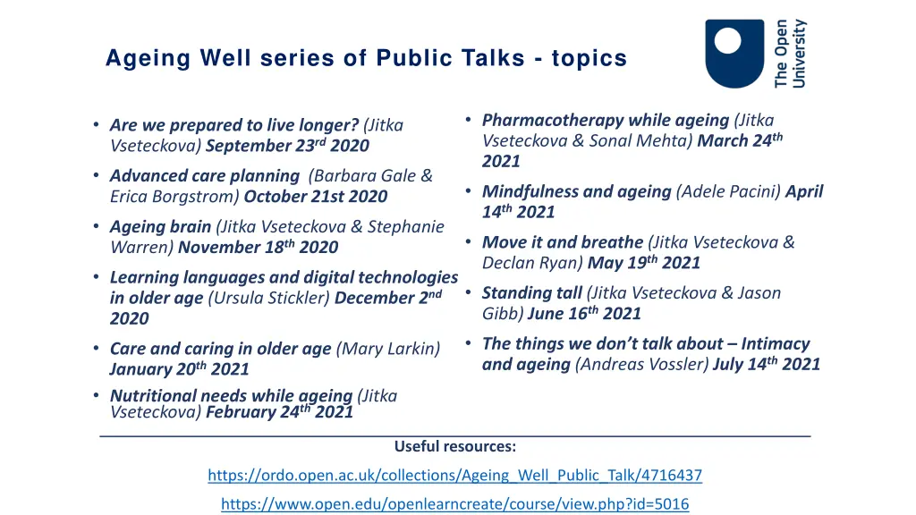 ageing well series of public talks topics