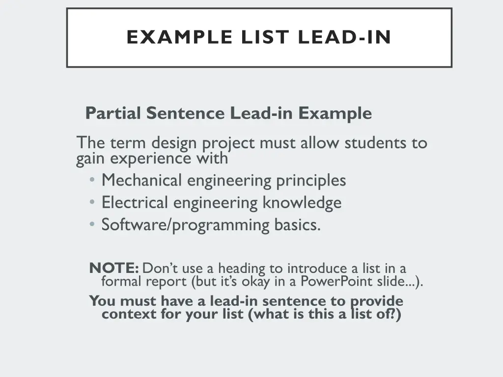 example list lead in 1