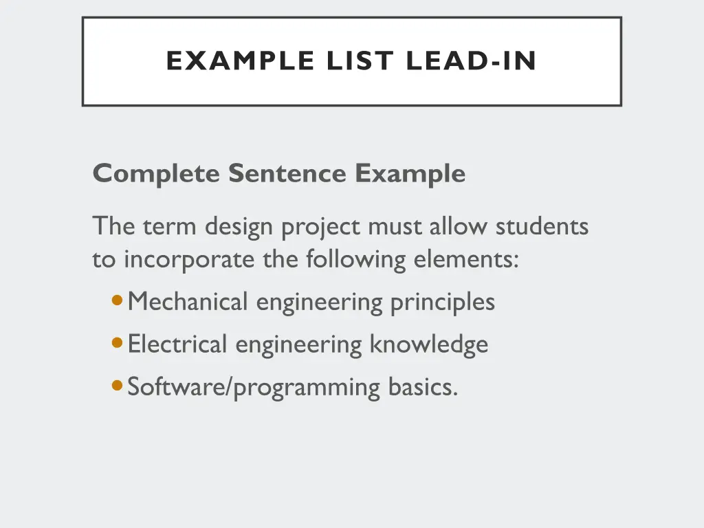 example list lead in