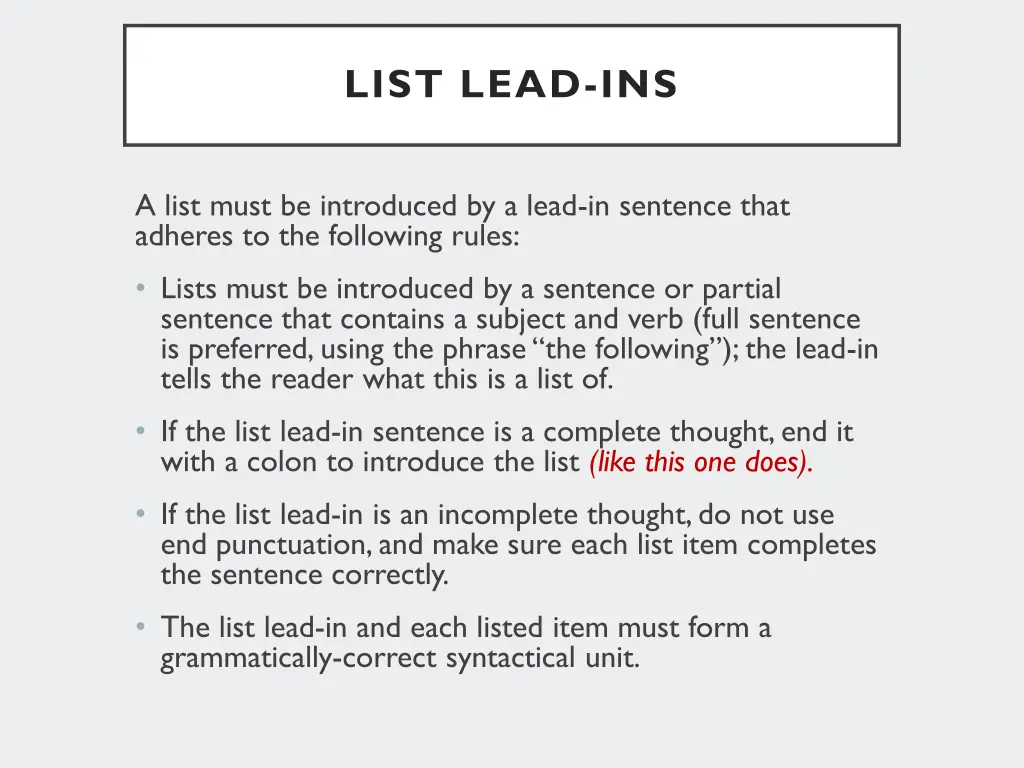 list lead ins