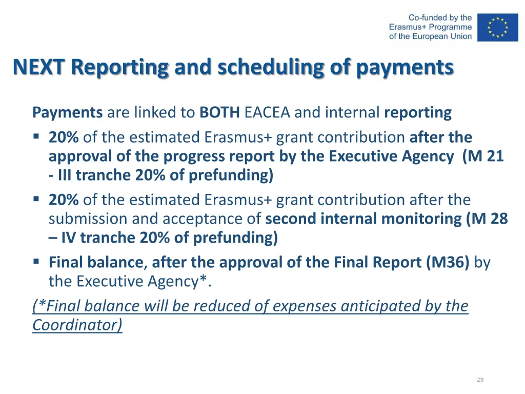 next reporting and scheduling of payments