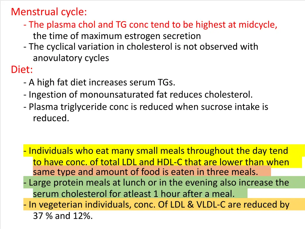 menstrual cycle the plasma chol and tg conc tend