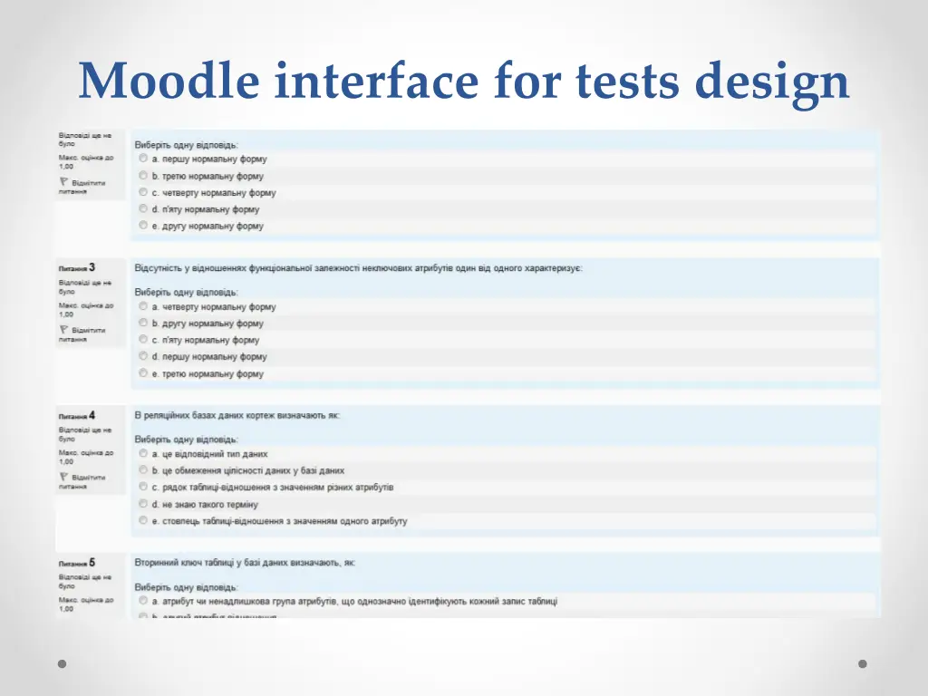 moodle interface for tests design