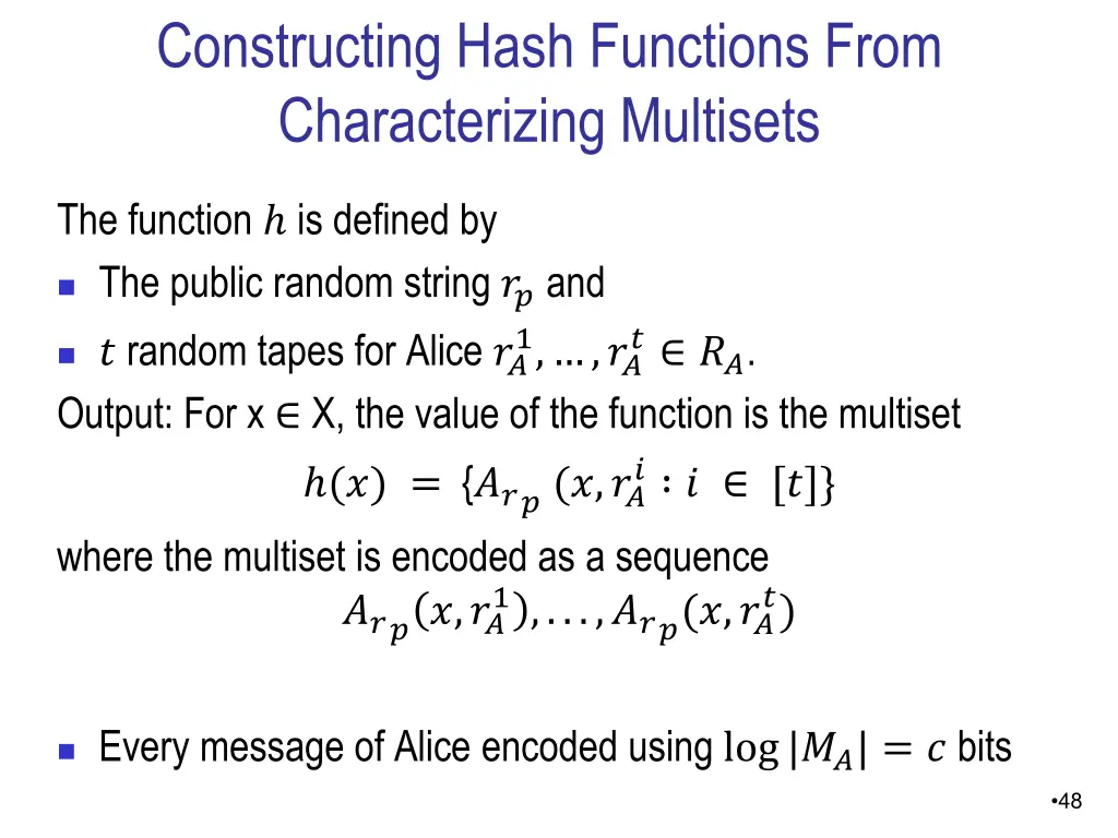 constructing hash functions from characterizing
