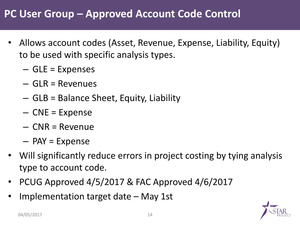 pc user group approved account code control