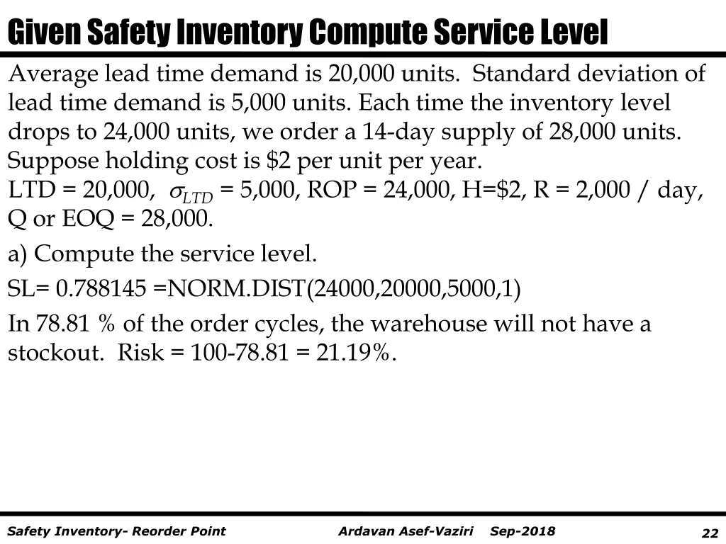 given safety inventory compute service level