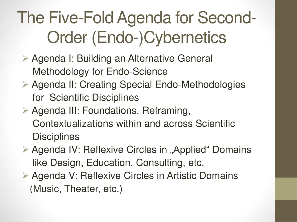 the five fold agenda for second order endo