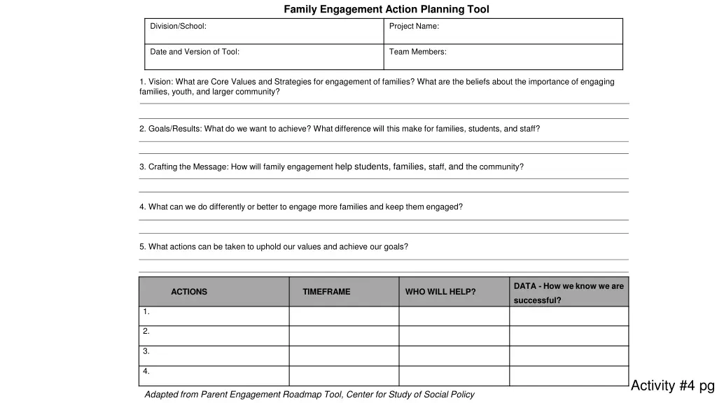 family engagement action planning tool