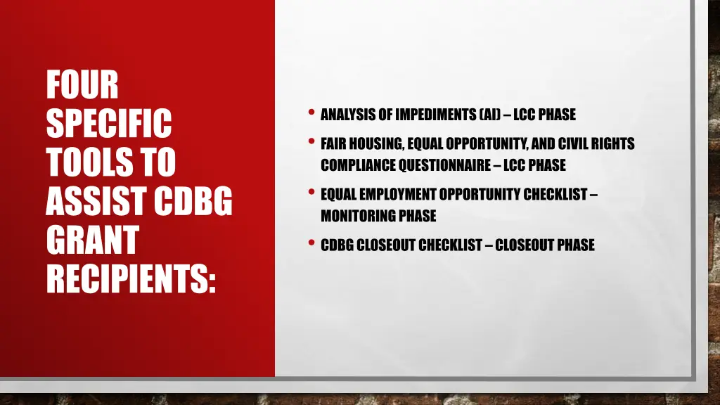 four specific tools to assist cdbg grant