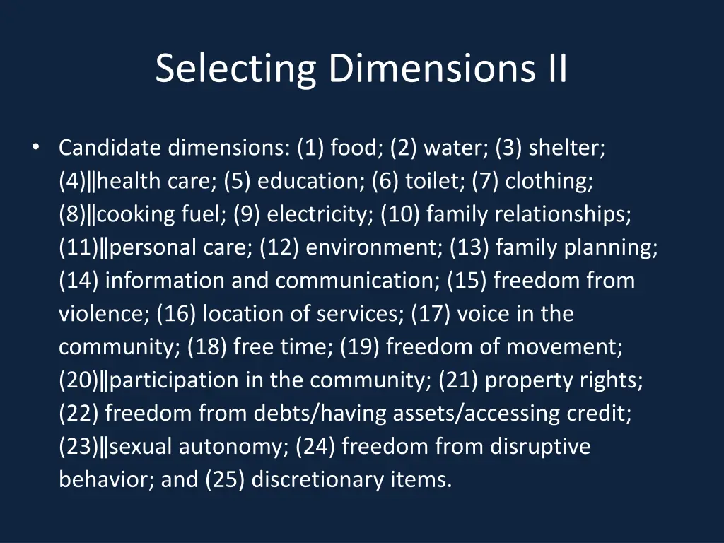 selecting dimensions ii