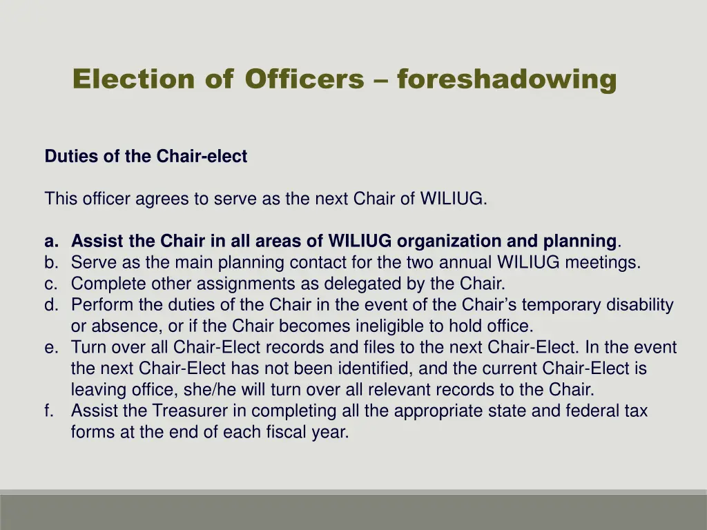 election of officers foreshadowing 1