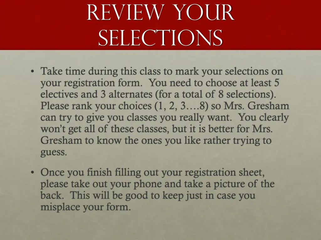 review your selections