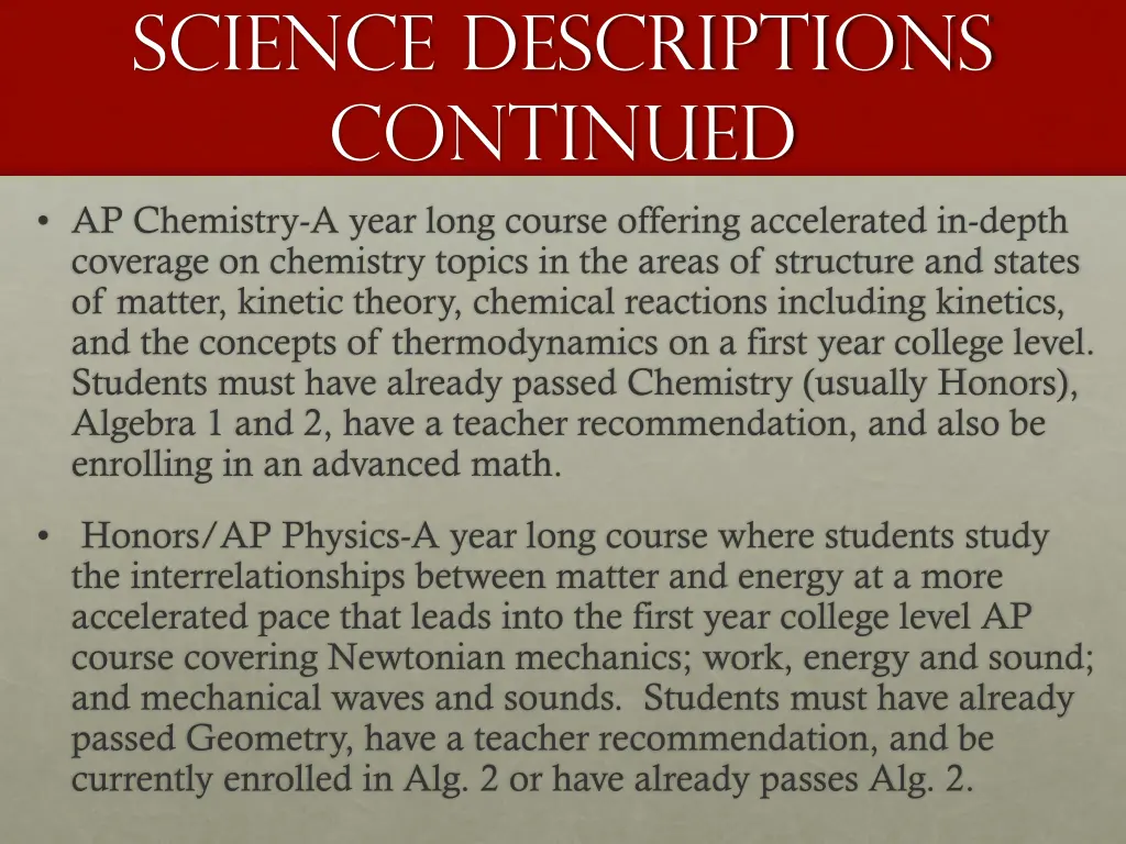 science descriptions continued