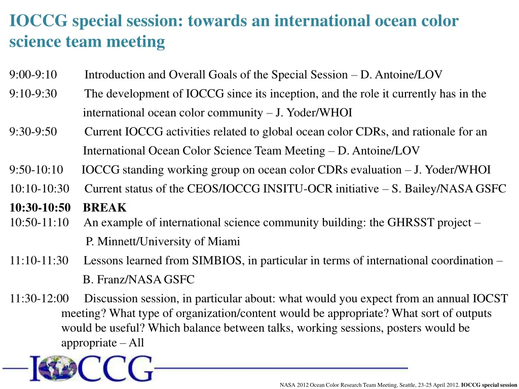 ioccg special session towards an international