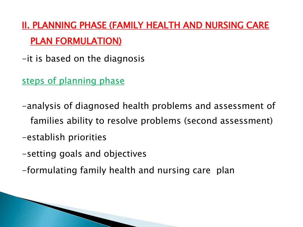 ii planning phase family health and nursing care