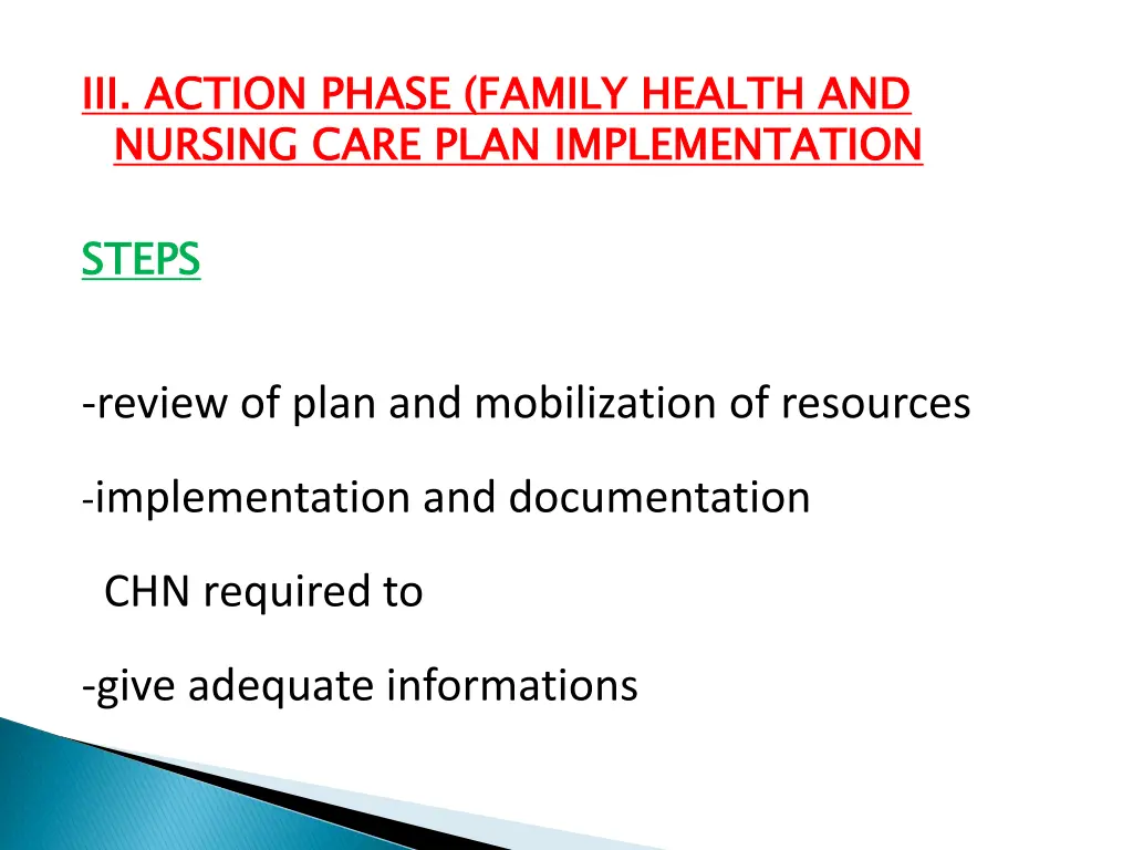 iii action phase family health and nursing care